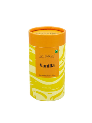 Dolshyne Vanilla instant coffee canister on a white background