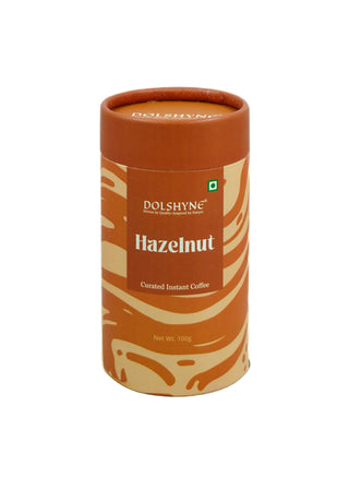 Dolshyne Hazelnut instant coffee canister on a white background