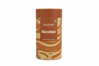 Dolshyn Hazelnut instant coffee canister on a white background