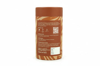 Brown cylindrical coffee packaging with text and a QR code on a white background